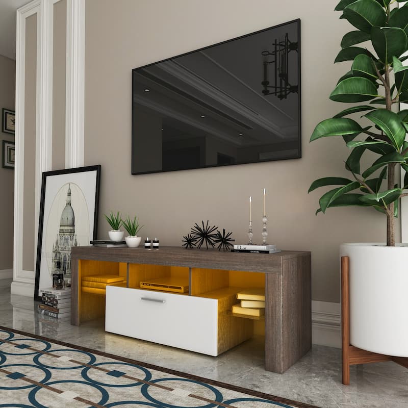 51.18" TV Stand with The Toughened Glass Shelf and LED Color Changing Lights for TVs Up to 55"
