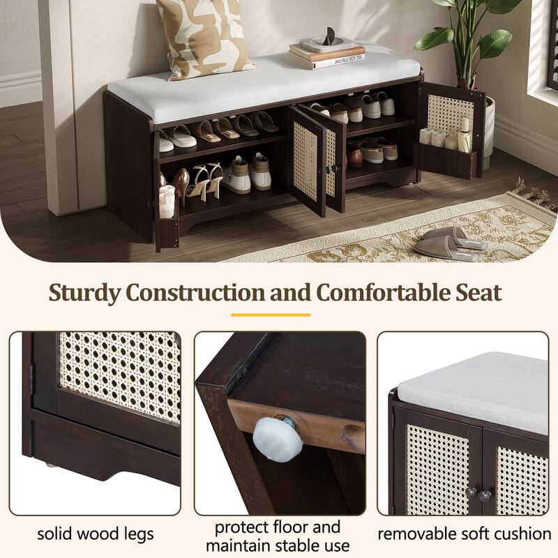 Rustic Storage Bench with Removable Cushion and Woven Rattan Doors