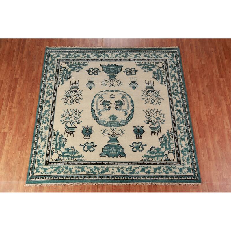 Art Deco Oriental Square Rug Handmade Wool Carpet - 8'1" x 7'11"