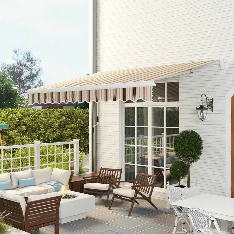 13' x 8' Patio Awning,Manual Retractable Sun Shade,Easy Crank Opening - Red Stripes