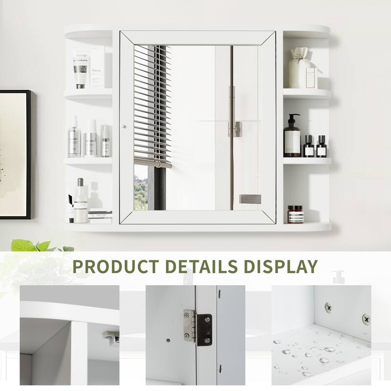 Wooden Bathroom Medicine Cabinet with Mirror Wall Mirror Storage Cabinet with Doors and 6 Open Shelves for Over Sink