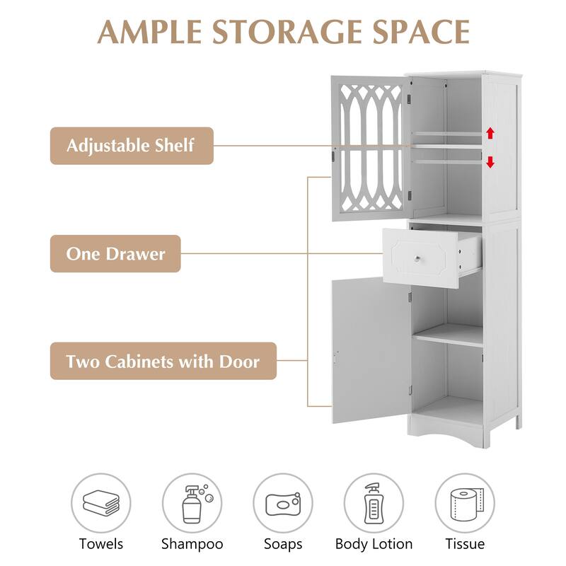 Freestanding Adjustable Storage Cabinet with Metal Knobs, Acrylic Panel Door Cabinet, Groove Pattern Drawer and Door Cabinet