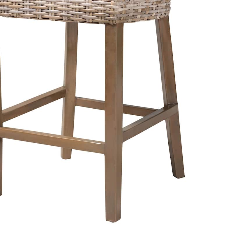 Enver Modern Bohemian Grey Kubu Rattan and Mahogany Wood Counter Stool