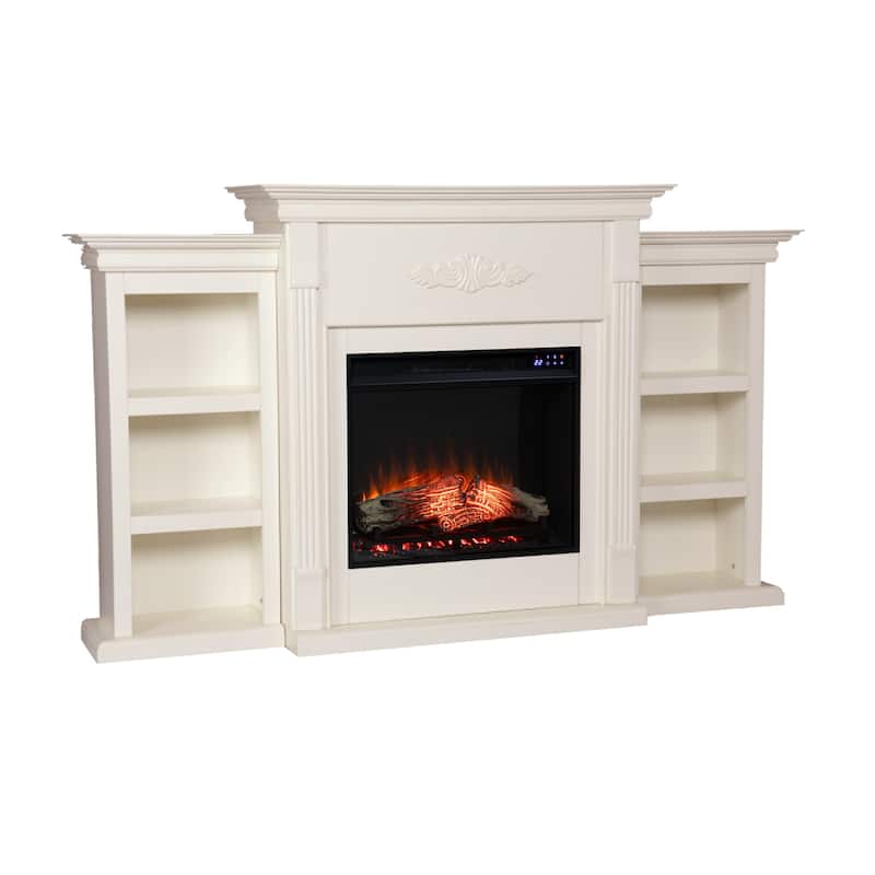 SEI Furniture Electric Fireplace 70-inch Mantel with Bookcase Storage, Ivory