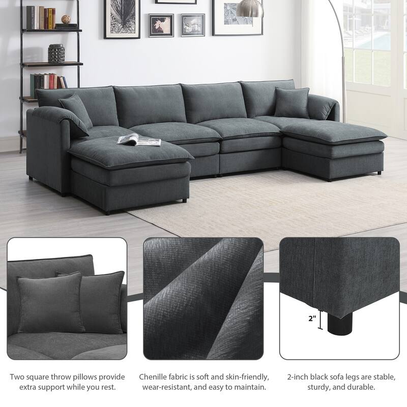U-Shaped Modern Chenille Modular Sectional Sofa with Double Cushions, Offered in 3 Colors
