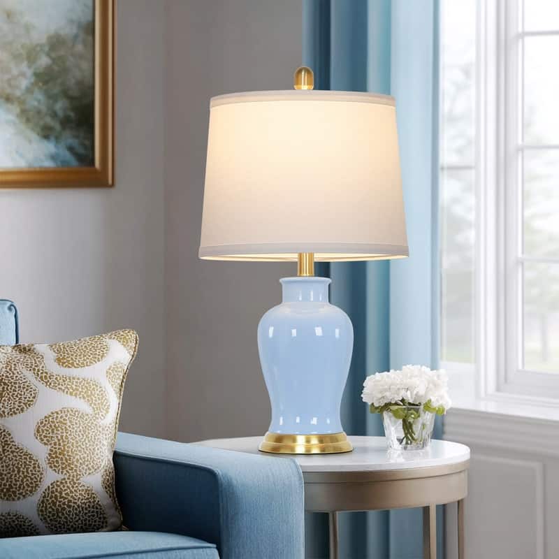 23'' Set of 2 Light Blue Ceramic Table Lamps with Gold Accents and White Drum Shades - 12.5''x12.5''x23''