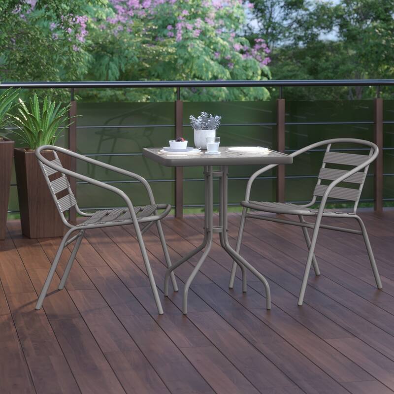 23.5" Square Glass Metal Table with 2 Metal Aluminum Slat Stack Chairs