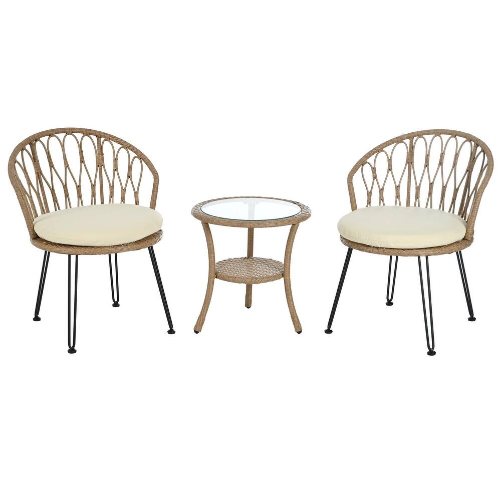 Roomfitters Outdoor Leisure Set, 2 Rattan Single Chairs with Glass Round Table for Patios, Balconies, Courtyards