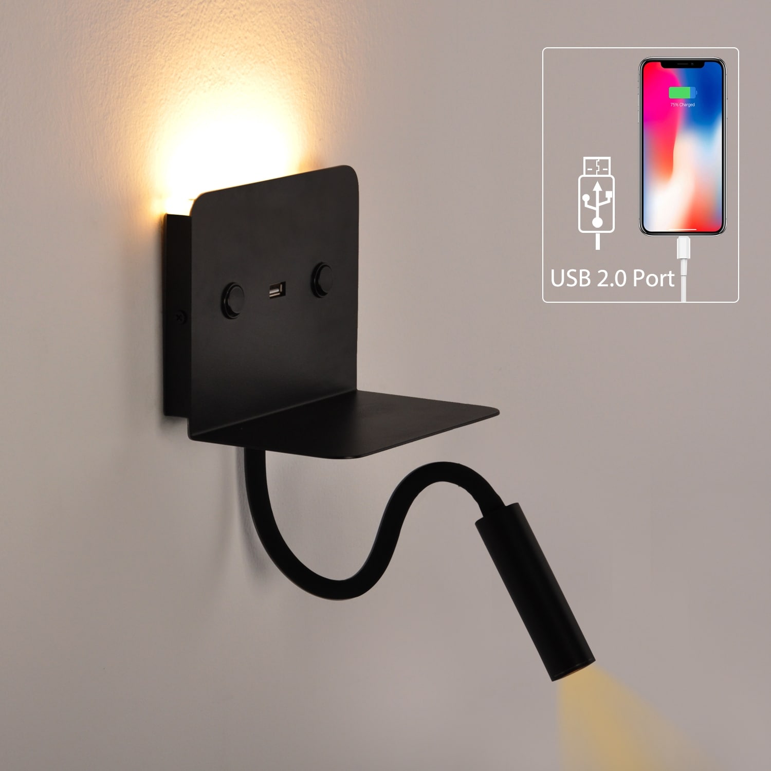 Kalb I Avay Bed Panel With USB-C Modern LED Wall Light, Reading Light With Charging Possibility, Night Light For Bedroom, Black Spotlight (Left And Right Side - View #8