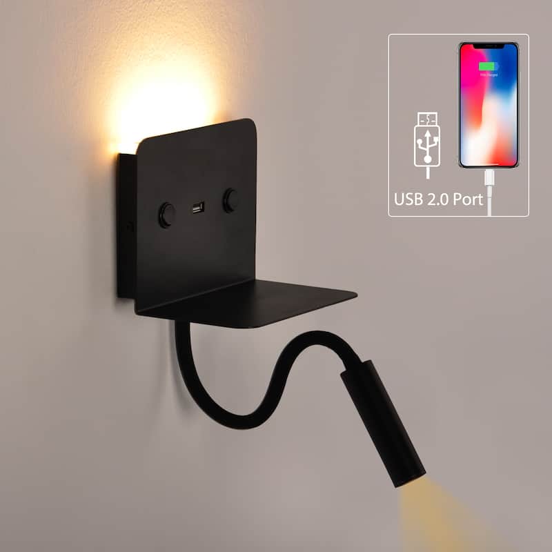 Modern Reading LED Wall Mount Lamp with USB Charging Port Bedside Night Light with Shelf and Swing Arm Gooseneck for Bedroom