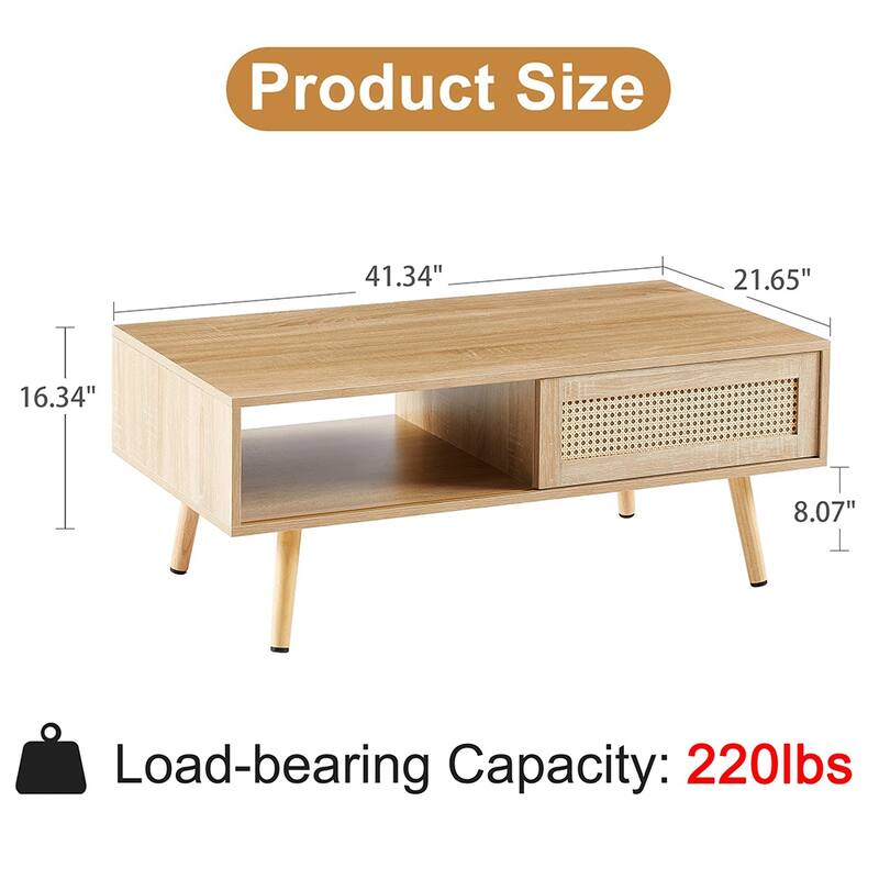 Rattan Coffee Table,Accent Table,Sliding Woven Door&Solid Wood Legs - 41.34"L x 21.65"W x 16.34H