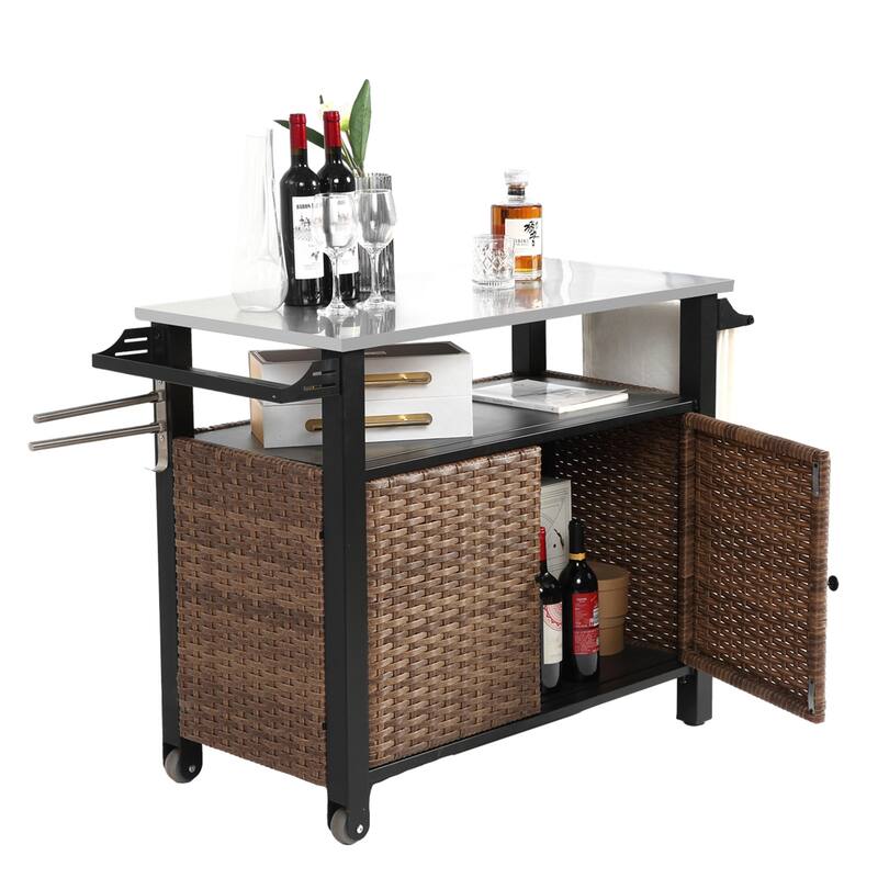 Outdoor Wicker Rolling Island w/ Stainless Steel Extended Top,Handle