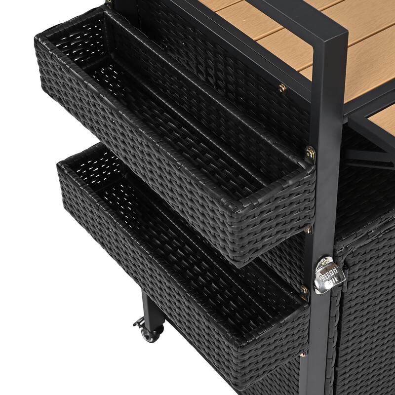 Wicker Outdoor Grill Cart with Extended Plastic Wood Table Top,For Patio Backyard Garden Poolside