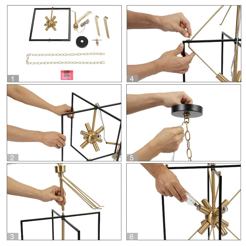Modern 8-Light Black Gold Starburst Chandelier Metal Pendant Lights for Dining Room - 16" L x 15" W x 26" H