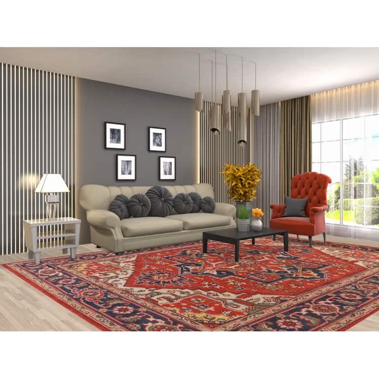 Hand Knotted Oriental 100% Wool Carpet Traditional Medallion Oranges & Rust Heriz (serapi) Area Rug - 11' 10'' X 9' 1''