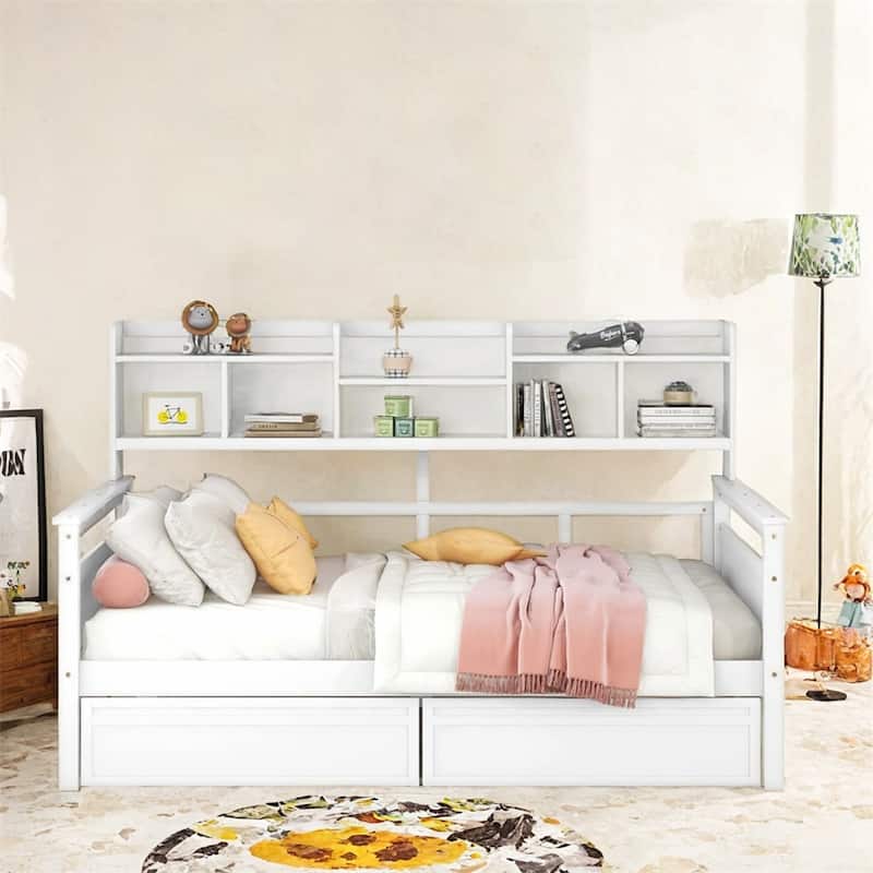 Full size Daybed,Wood Slat Support,with Bedside Shelf and Two Drawers