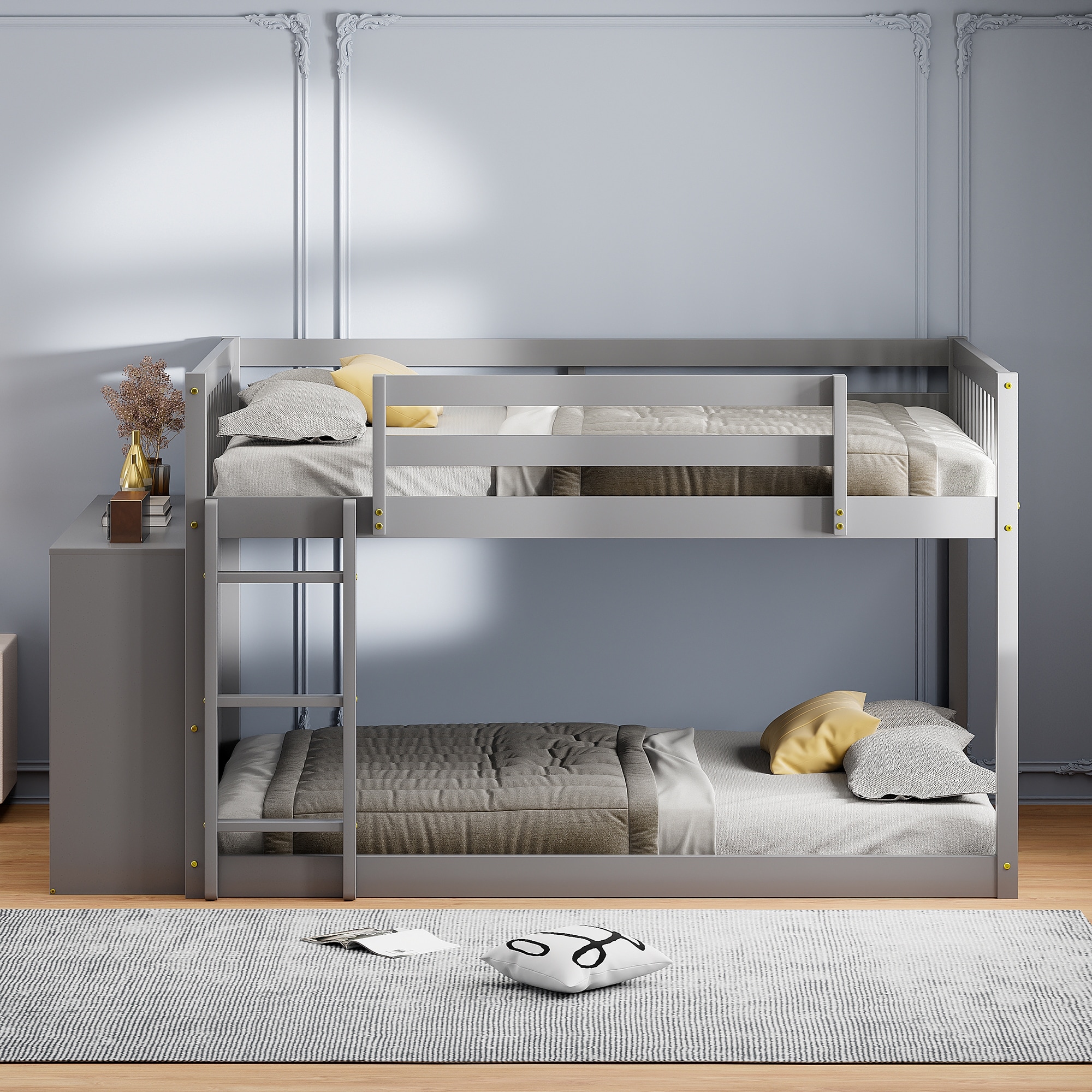 Full Over Full Bunk Bed with 4 Drawers, 3 Shelves, and Ladder, Solid Wood Frame in Grey Finish