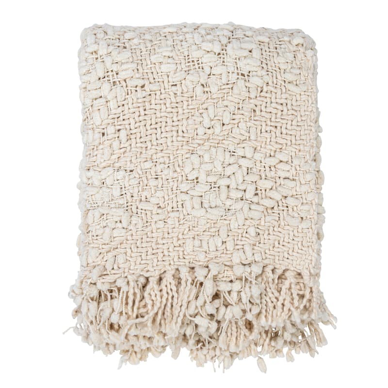Woven Cotton Blend Cable Knit Throw Blanket with Fringe - 60.0"L x 50.0"W x 0.1"H