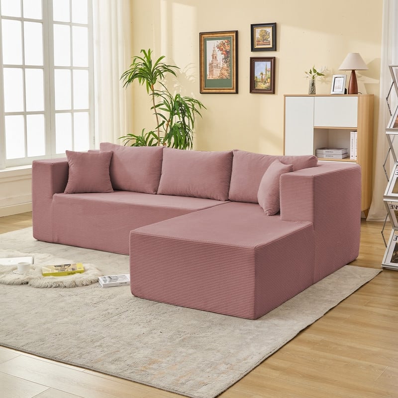 Mixoy W106'' Modern 2-Piece Free Combination Corduroy Upholstered L-Shaped Modular Sectional Sofa with Right Chaise and Pillow