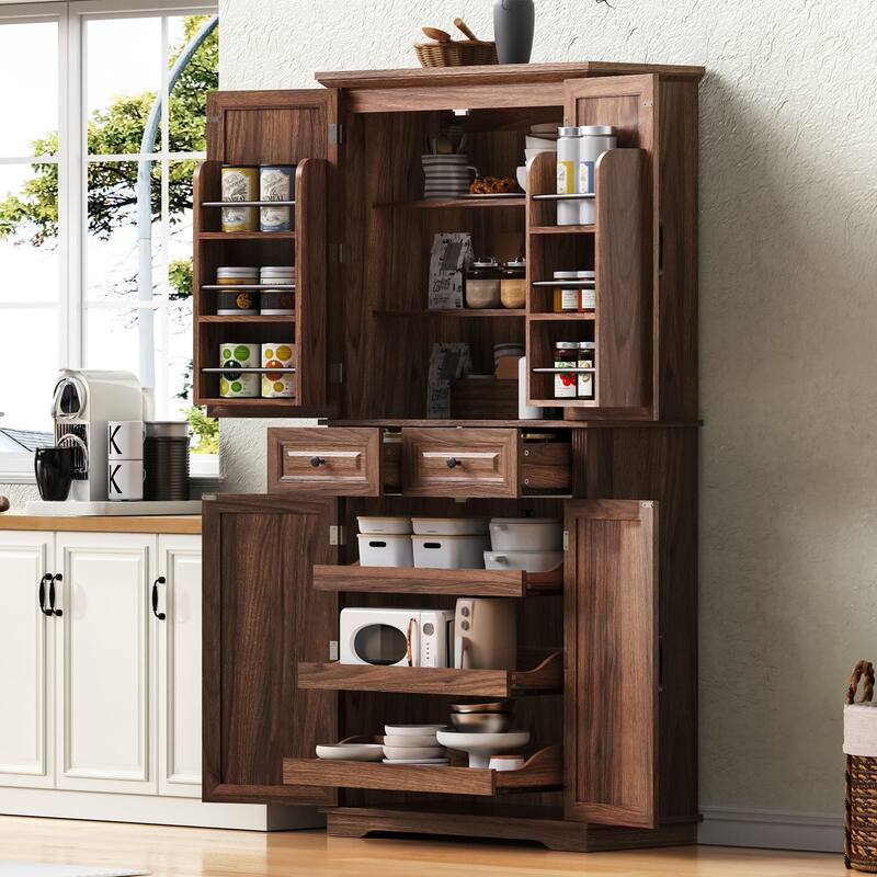 Kitchen Pantry Cabinet with 3 Pull Out Trays, Freestanding Buffet Cabinet with Adjustable Shelves, 2 Door Organizers & 2 Drawers