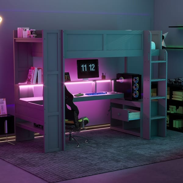 slide 2 of 16, Gaming Loft Bed with Desk, Storage Shelves, LED, Charging Station Dark Grey - Twin