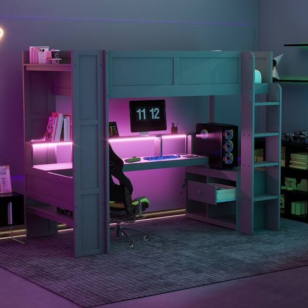 slide 2 of 16, Twin Gaming Loft Bed with Desk, Storage Shelves, LED & Charging Dark Gray - Twin