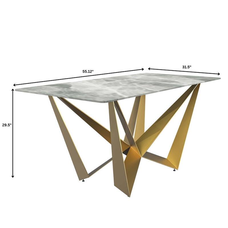 Nuvor Rectangular Sintered Stone or Glass Tabletop Dining Table with Powder-Coated Gold Steel Base for Kitchens & Dining Rooms