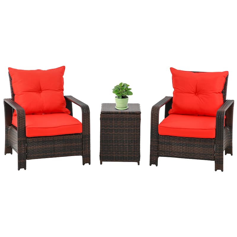 Outsunny 3 Piece PE Rattan Wicker Bistro Set with Cushions, Conversation Furniture Set for Backyard, Garden, Patio - Red and Brown