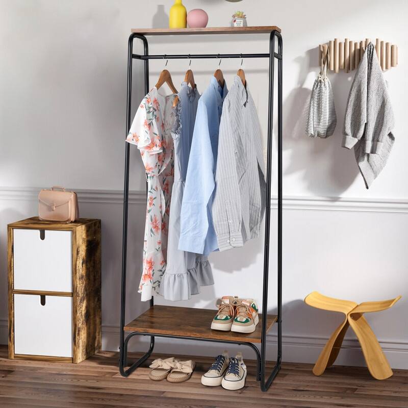 Freestanding Clothing Rack with 2 Wood Shelves - N/A