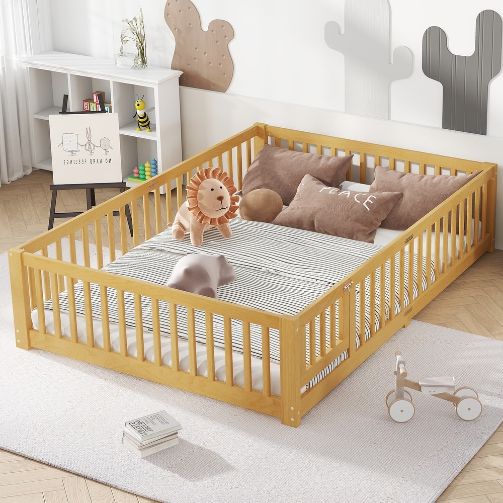 Montessori Toddler Floor Bed with Fence and Switchable Door, Low Profile Bed Frame with Removable Slats, Safe Transition Bed