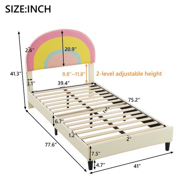 Twin Size Platform Bed with Rainbow Shaped Headboard and LED Light Strips