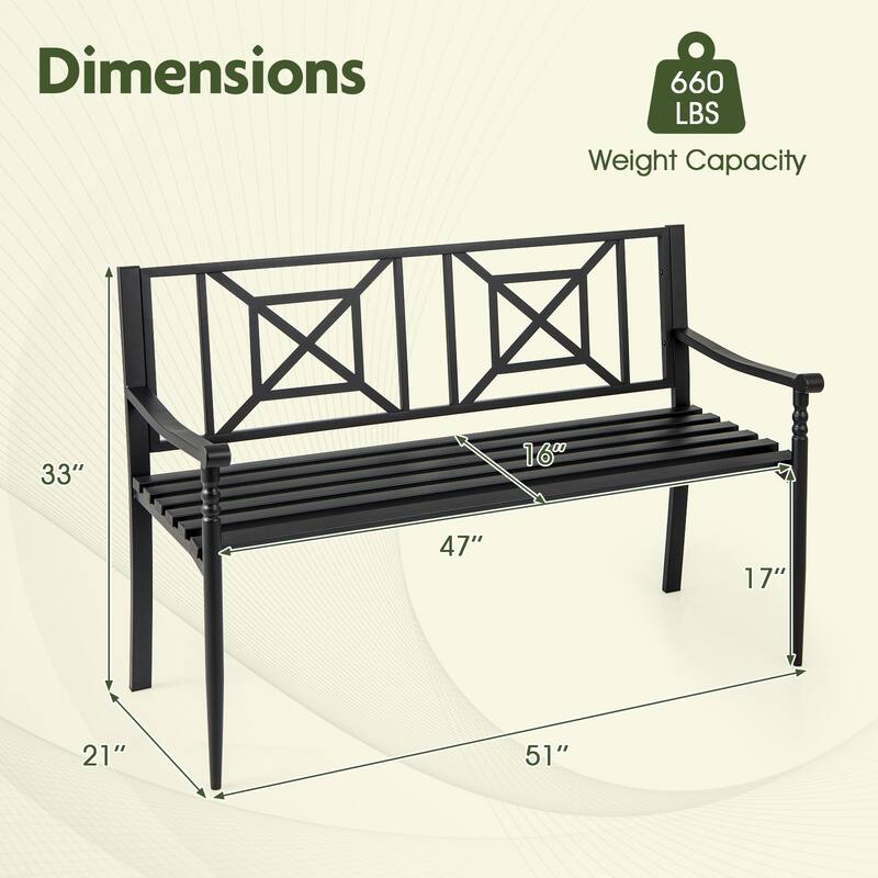 Gymax 51'' Metal Bench Slatted Garden Bench for 2-3 People Patio
