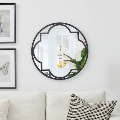 Glitzhome 23.62"D Black Metal/Glass Round Wall Hanging Mirror