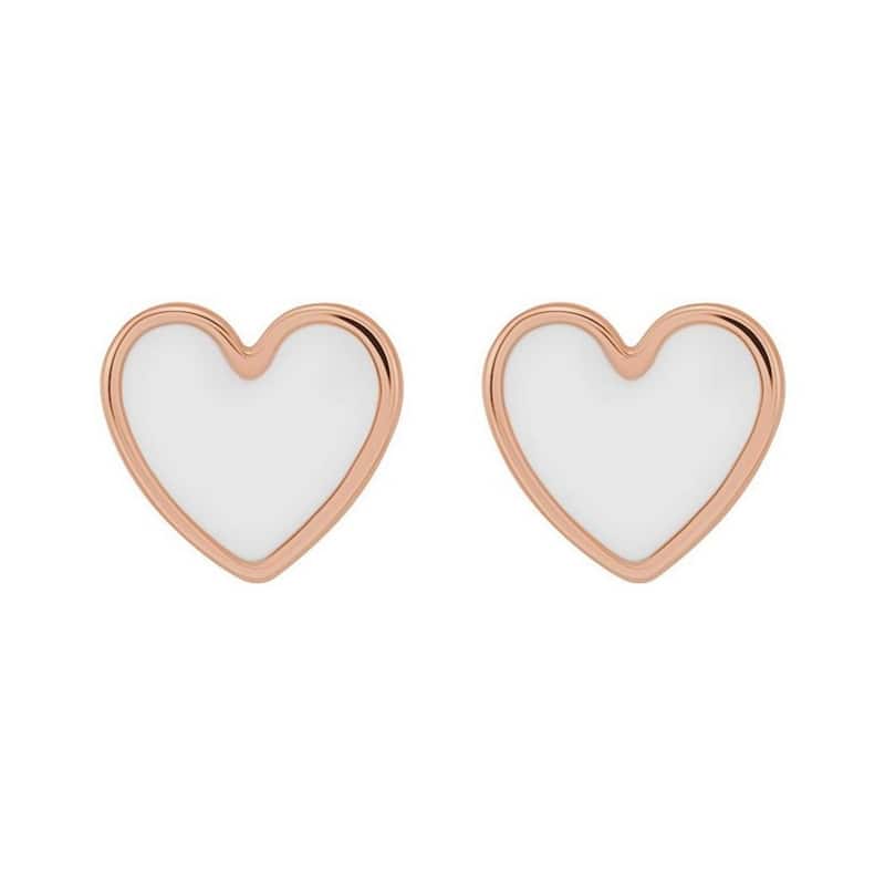 Curata 14k Rose Gold Polished White Enameled Friction Back Love Heart Stud Earrings - 5.88x5.48mm