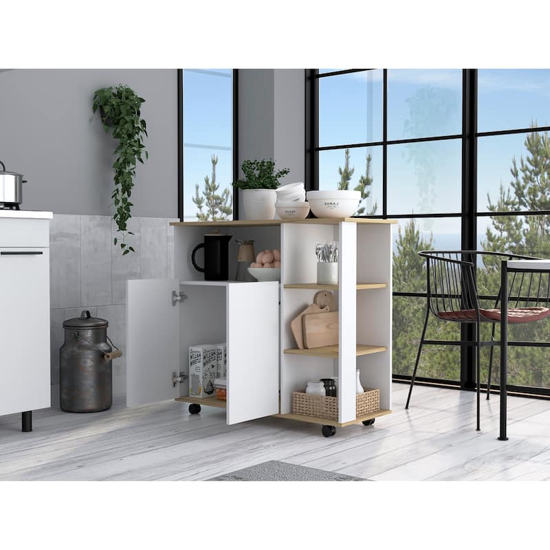Kitchen Island Kamkacht, One Cabinet, Four Open Shelves, Light Oak / White Finish
