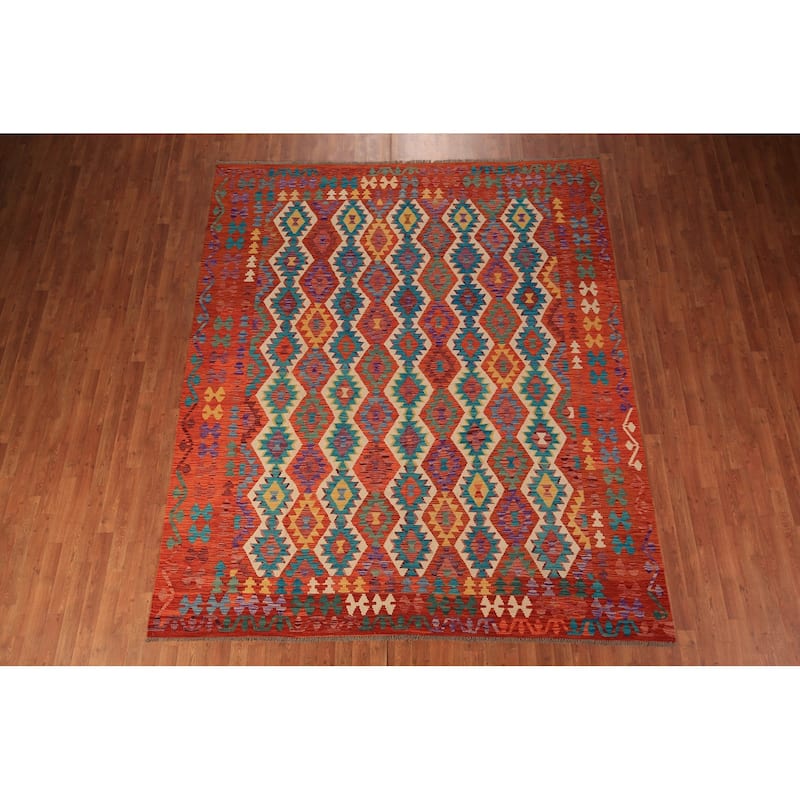 Geometric Kilim Oriental Area Rug Flatweave Reversible Wool Carpet - 8'4" x 9'10"