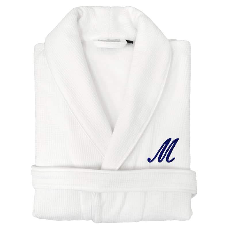 Authentic Hotel and Spa Unisex Navy Blue Monogrammed Turkish Cotton Waffle Weave Terry Bath Robe - M - S/M
