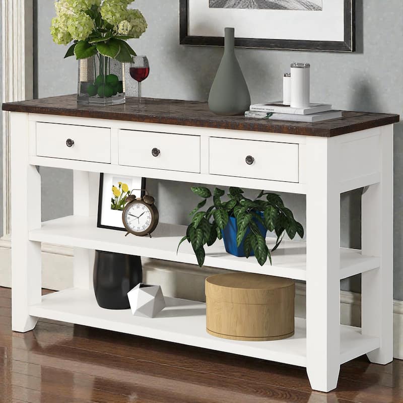 48 Inch Solid Pine Wood Console Table with 3 Drawers & 2 Shelves, Vintage Entryway Sofa Table for Hallway & Living Room