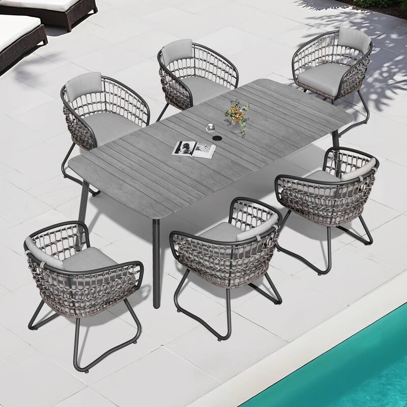 7-PC Outdoor Patio Dining Set Rectangular Aluminum Table with Umbrella Hole with Rattan Chair - Table-Grey&Seat-Grey