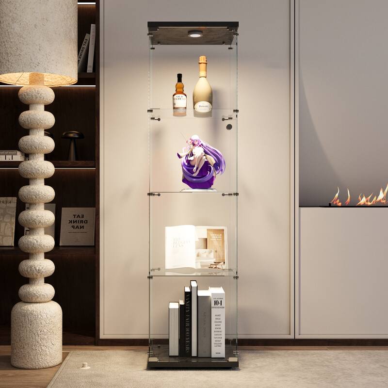 LED lights Glass Display Cabinet 4 Shelves with Door and Lock, Floor Standing Curio Bookshelf for Living Room Bedroom Office