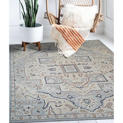 Home Decor Blue Hand-Knotted Wool Oriental Design Rug by EORC Luxurious Area Rug for Adding Timeless Elegance and Classic
