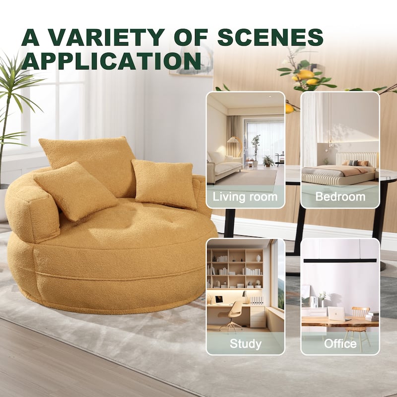 Boucle Upholstered Tufted Barrel Accent Living Room Chair With Toss Pillows