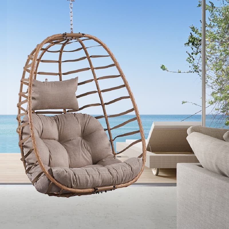 Pocassy Foldable Hanging Egg Chair - Beige - Yellow Rattan & Beige Cushion