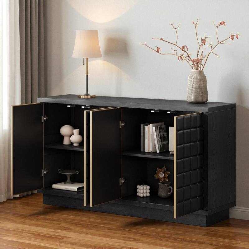 Modern 4-Door Wood Storage Cabinet with 3D Geometric Doors, Metal Trim & Adjustable Shelves for Living Room or Office