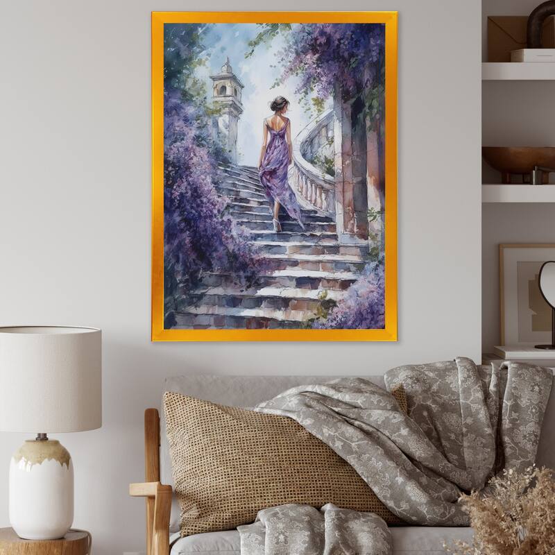 Designart "Fashionable Girl Modeling I" Woman Romantic Framed Wall Art For Living Room - 30 in. wide x 40 in. high - Gold