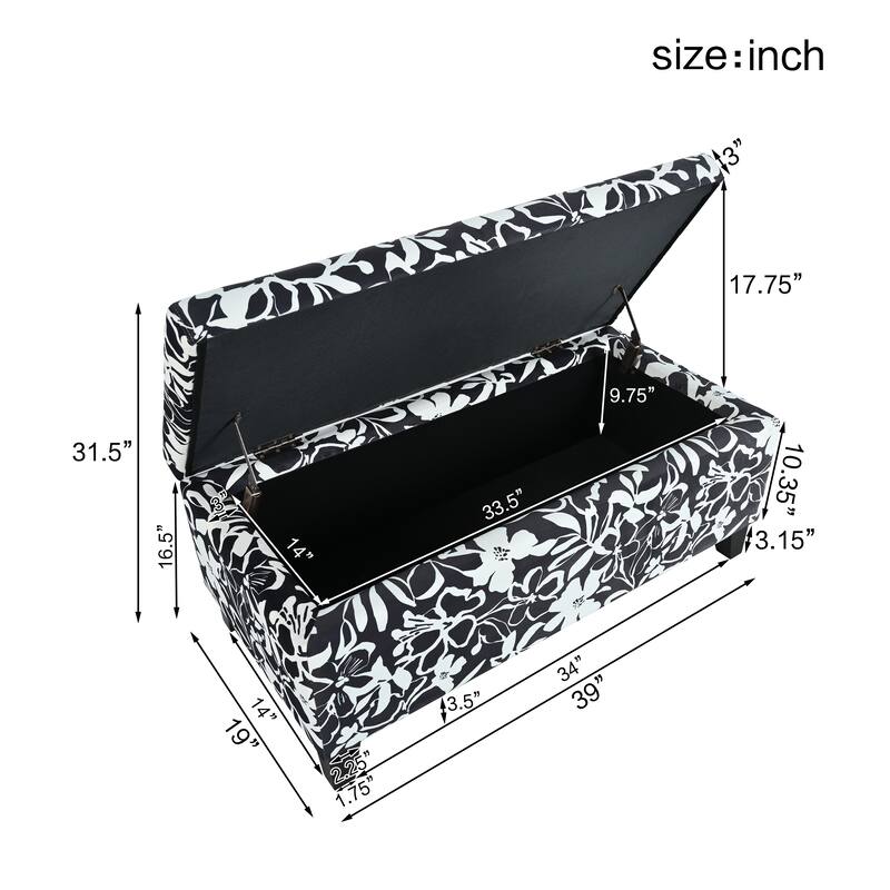 Roomfitters Upholstered Storage Ottoman Bench with Hinged Lid, Floral Fabric Accent Seat for Living Room or Bedroom