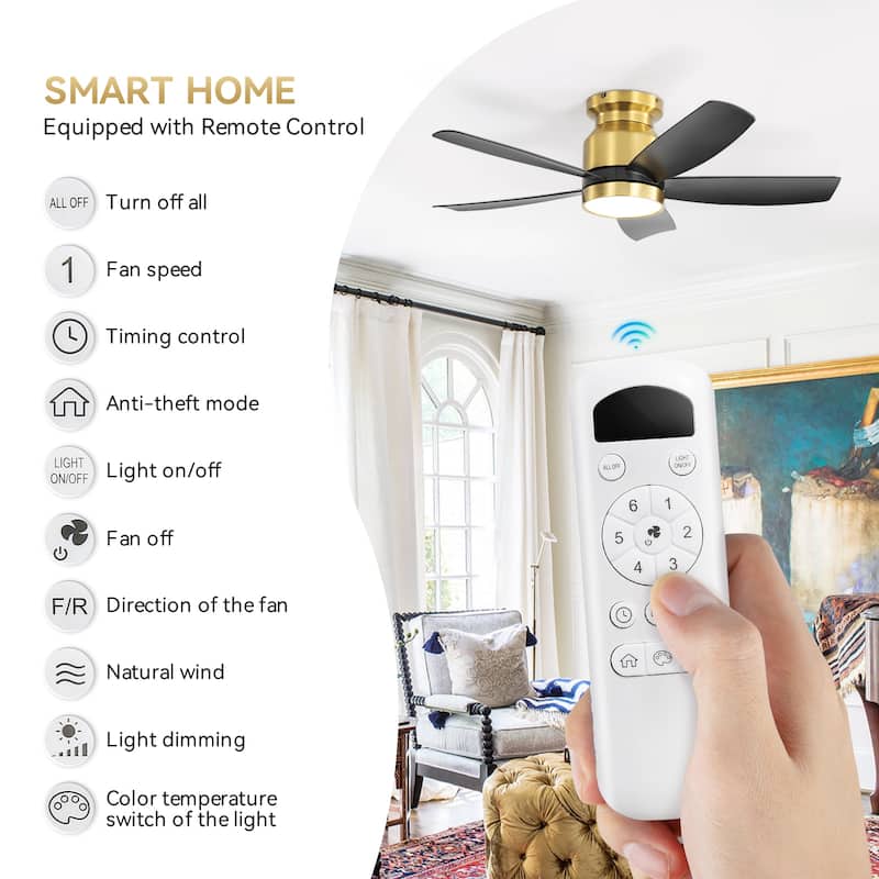 Sofucor 42 Inch Low Profile Flush Mount Ceiling Fan with Light, Remote Control, 5 ABS Blades,Reversible Quiet DC Motor