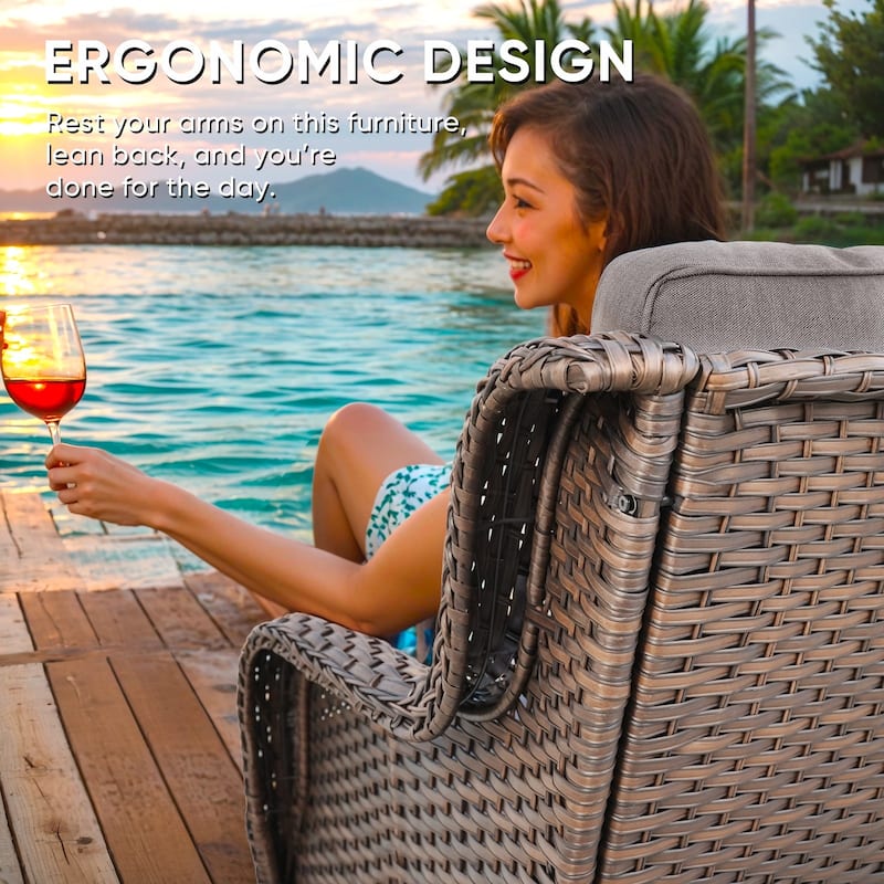Patio Swivel Chair with Glider Loveseat Table - Grey cushion - Brown