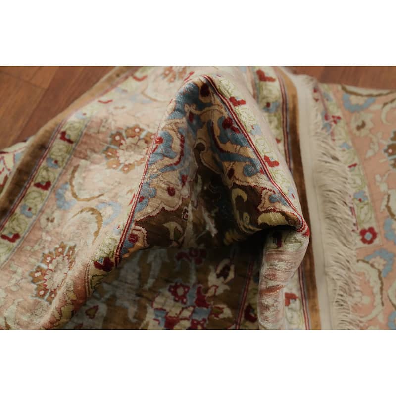 Hand Knotted Traditional Silk Brown Floral Area Rug - 3' 10'' X 2' 4''