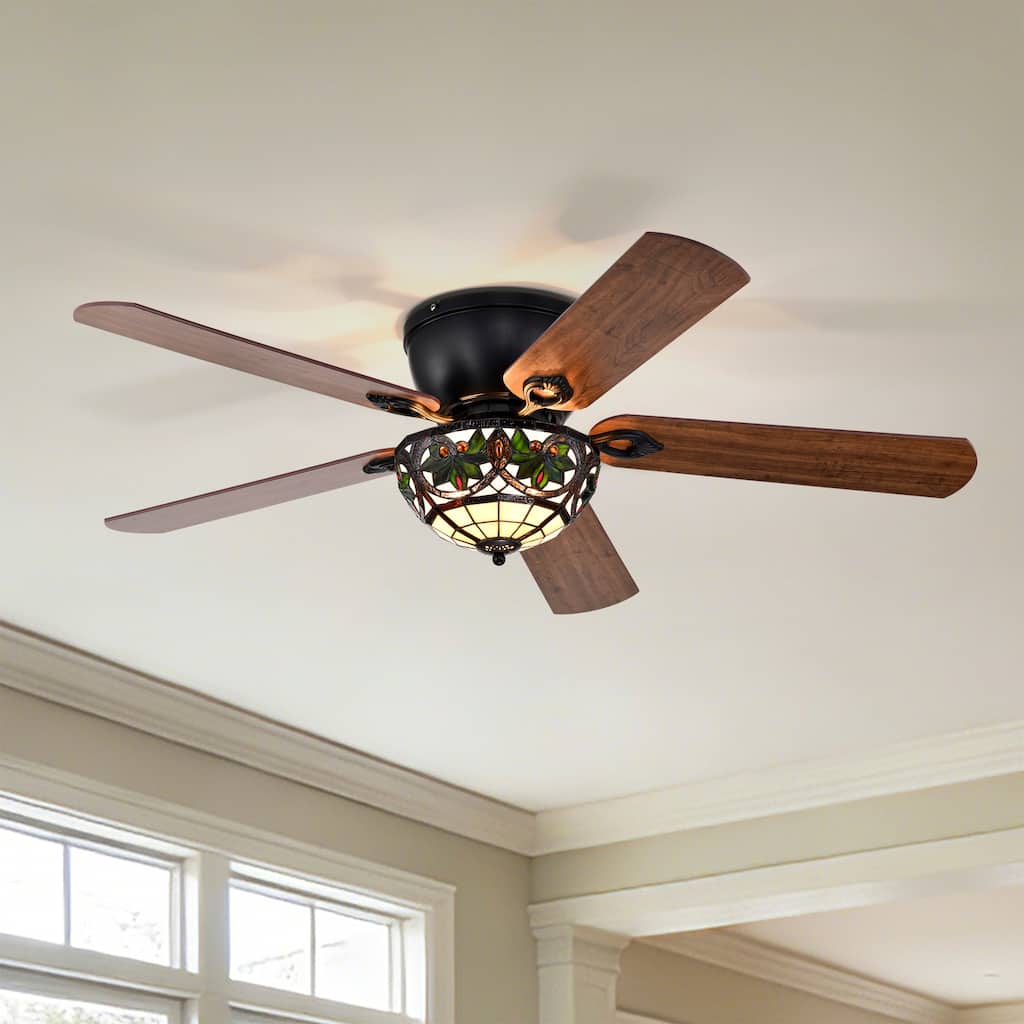 Peacoo 52-Inch Flushmount Lighted Ceiling Fan Ivory Leaf Berry Tiffany Glass Lamp Black Finish